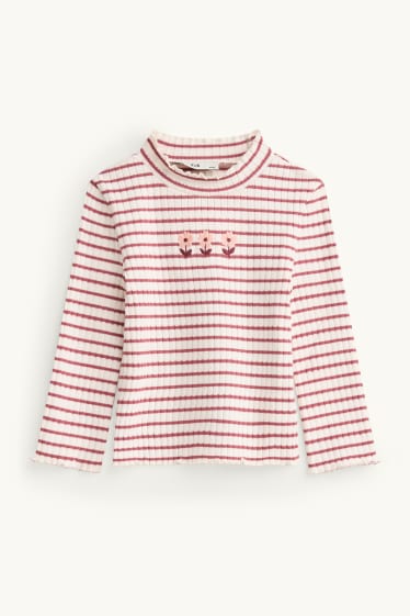 Kinder Mädchen - Blume - Langarmshirt - gerippt - gestreift - rot / weiß