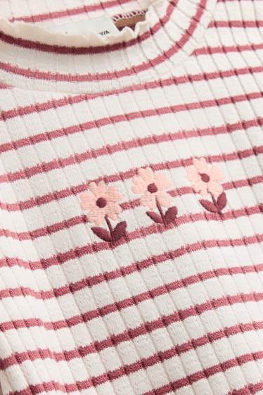 Kinder Mädchen - Blume - Langarmshirt - gerippt - gestreift - rot / weiß