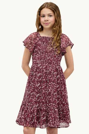 Children Girls - Chiffon dress - floral - red