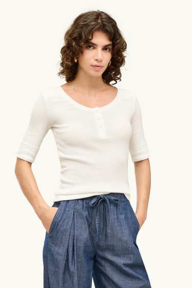 Dames - Henley-shirt - slim fit - geribd - wit