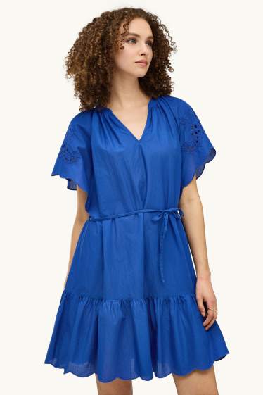 Donna - Vestito svasato con scollo a V - broderie anglaise - blu