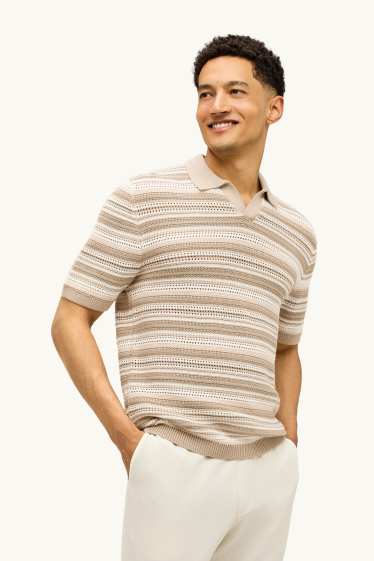 Heren - Gebreid poloshirt - regular fit - gestreept - met structuur - beige
