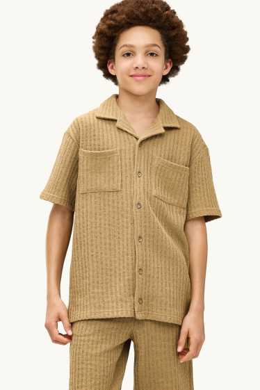 Enfants garçons - Ensemble - chemise en maille et bermudas - col Kent - finition côtelée - 2 pièces - marron