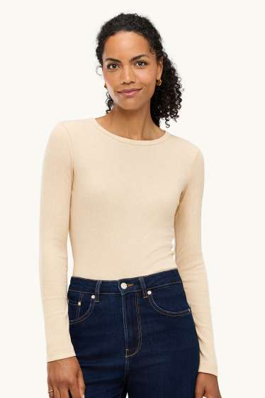 Donna - Maglia a maniche lunghe - slim fit - a coste - beige chiaro