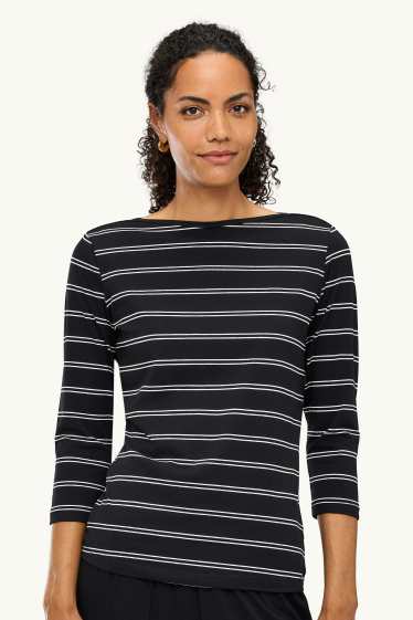 Women - Long sleeve top - regular fit - striped - black / white