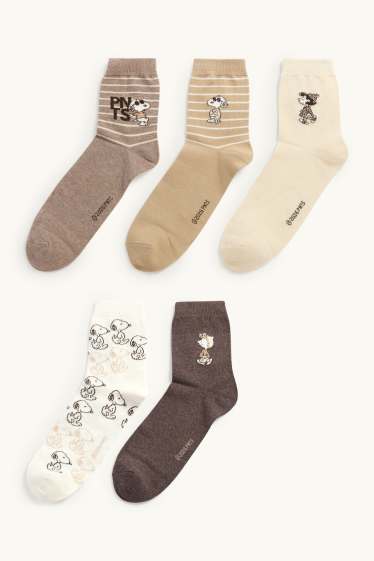 Damen - Multipack 5er - Socken mit Motiv - Peanuts - braun / cremeweiß