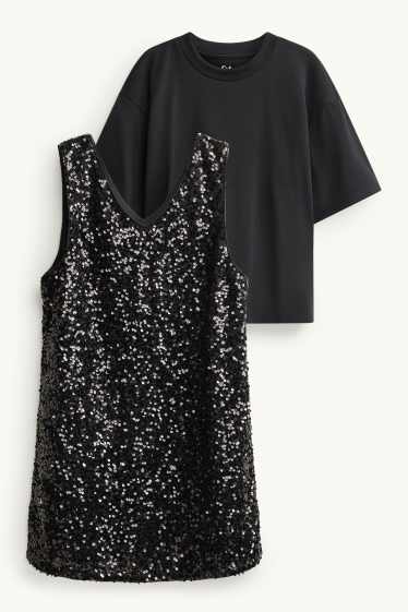 Copii - Fete - Set - tricou cu mânecă scurtă și rochie cu paiete - 2 piese - negru / argintiu