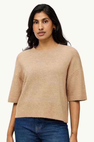 Damen - Strickpullover - kurzarm - hellbraun