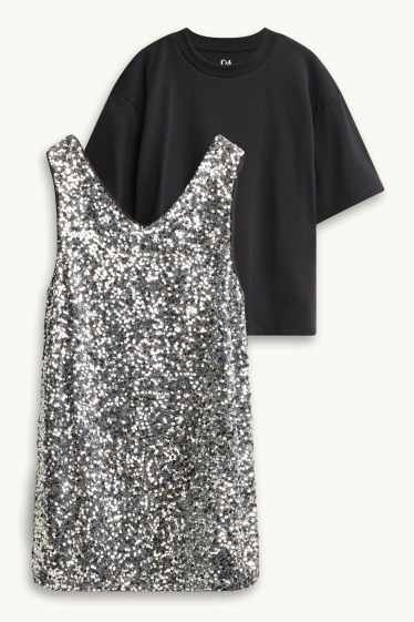 Copii - Fete - Set - tricou cu mânecă scurtă și rochie cu paiete - 2 piese - negru / argintiu