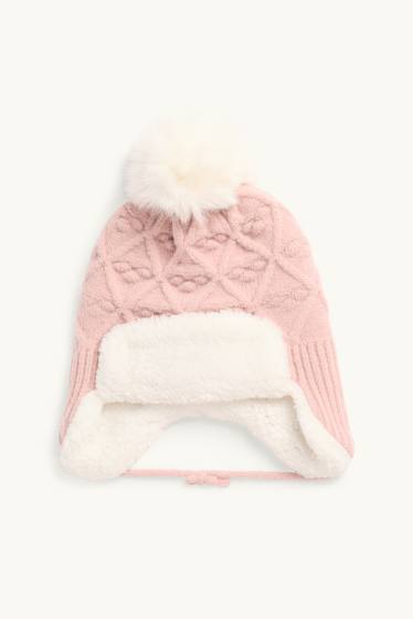 Baby: meisjes - Babymuts met pompon - met structuur - roze