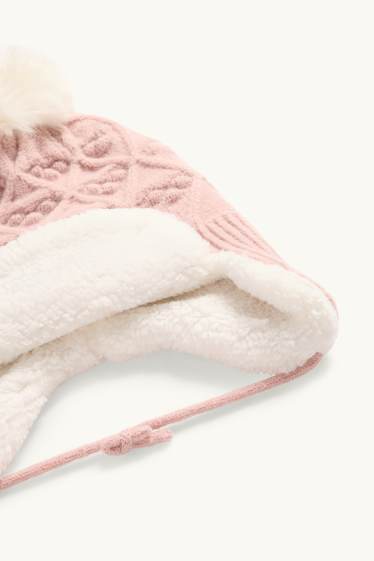 Baby: meisjes - Babymuts met pompon - met structuur - roze