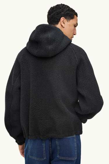 Men - Teddy fur jacket with hood - black