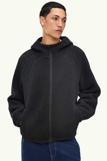 Men - Teddy fur jacket with hood - black