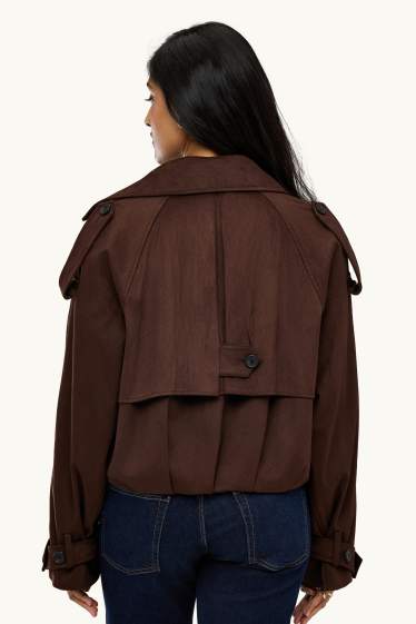 Femei - Trenci crop - imitație de piele întoarsă - maro închis