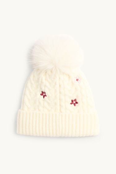 Kinder Mädchen - Blume - Bommelmütze - Zopfmuster - cremeweiss