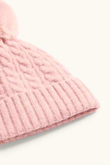 Kinderen: meisjes - Muts met pompon - kabelpatroon - roze