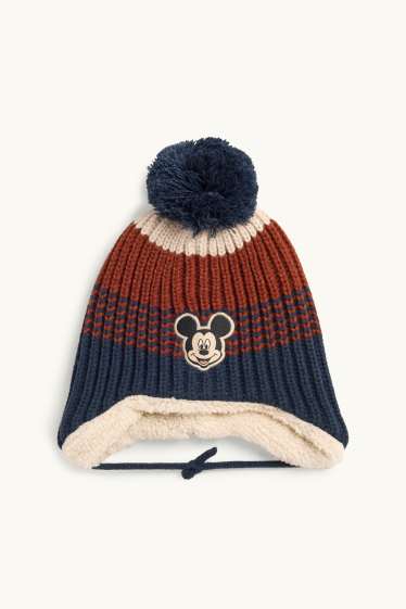 Baby Boys - Mickey Mouse - baby thermal pom-pom hat - striped - ribbed - brown / dark blue