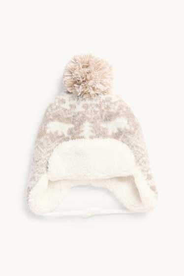 Baby: jongens - Beertje en denneboom - babymuts met pompon - wit / beige