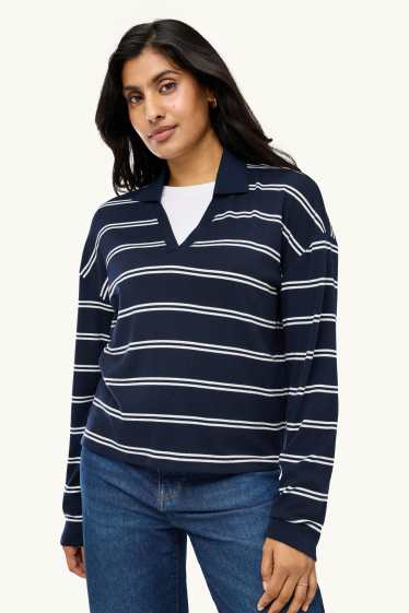 Femei - Tricou cu mânecă lungă cu decolteu în V - regular fit - cu dungi - albastru închis / alb