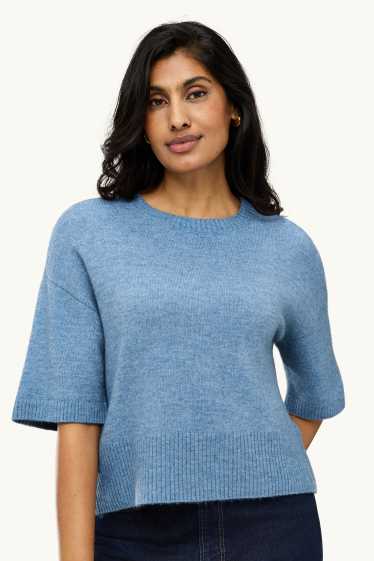 Damen - Strickpullover - kurzarm - hellblau