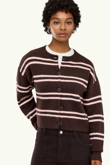 Damen - Strickjacke - gestreift - braun / rosa