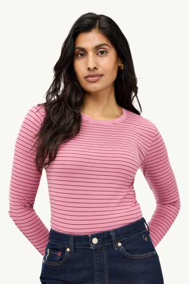 Dona - Samarreta de màniga llarga - slim fit - de ratlles - rosa/vermell