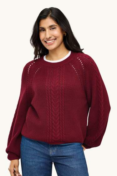Damen - Pullover - Zopfmuster - gerippt - rot