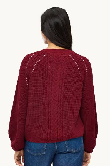 Damen - Pullover - Zopfmuster - gerippt - rot