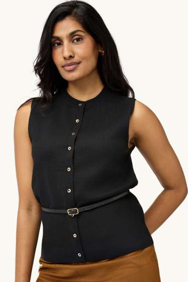 Women - Knitted waistcoat with belt - black