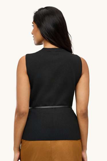 Women - Knitted waistcoat with belt - black