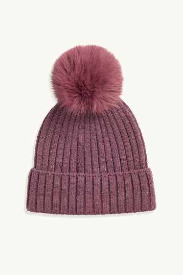 Kinderen: meisjes - Muts met pompon - geribd - glanseffect - paars