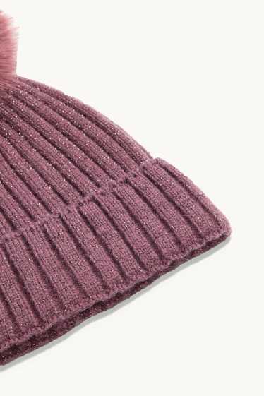 Kinderen: meisjes - Muts met pompon - geribd - glanseffect - paars