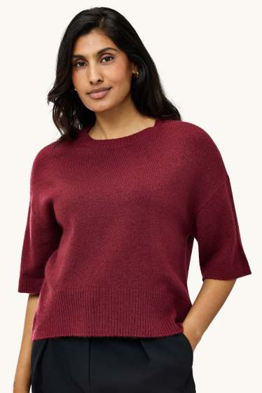 Damen - Strickpullover - kurzarm - bordeaux