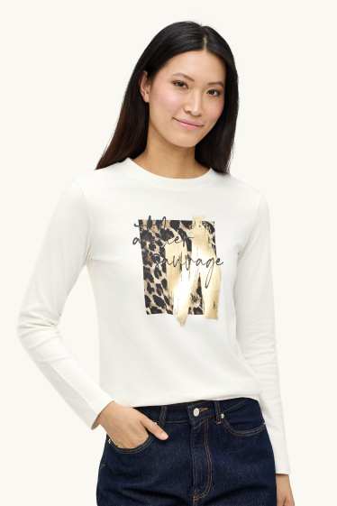 Femei - Tricou cu mânecă lungă - regular fit - imprimeu de leopard - aspect lucios - alb / auriu