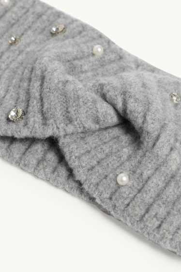 Donna - Fascetta per la fronte con strass, perle e nodo - grigio chiaro melange
