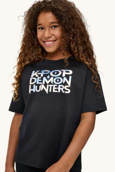 Children Girls - K-Pop Demon Hunters - short sleeve T-shirt - shiny - black