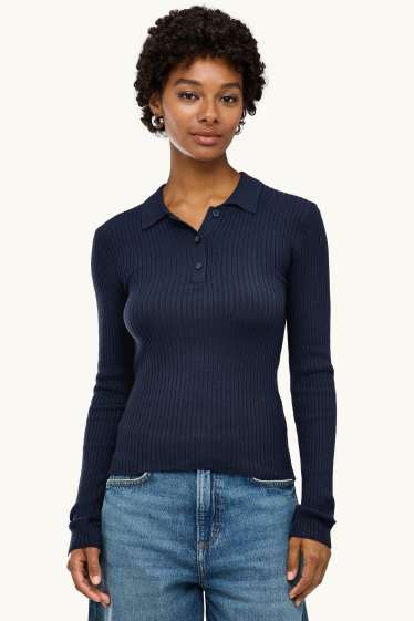Dames - Poloshirt met lange mouwen - slim fit - ribstof - donkerblauw