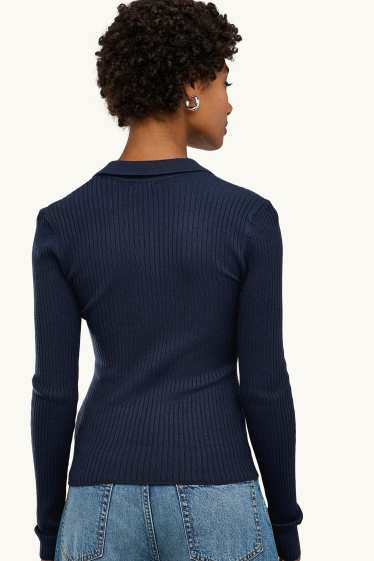 Dames - Poloshirt met lange mouwen - slim fit - ribstof - donkerblauw