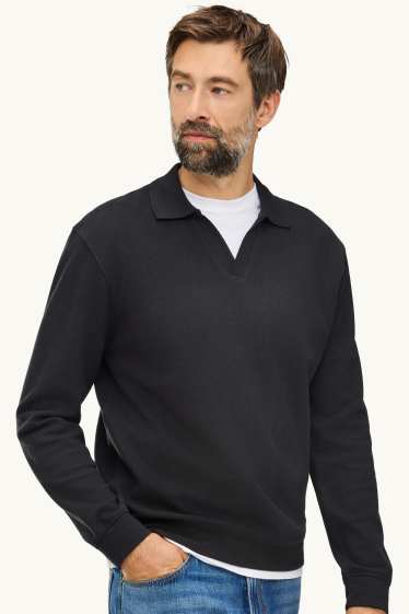 Herren - Langarm-Poloshirt - Relaxed Fit - gerippt - schwarz