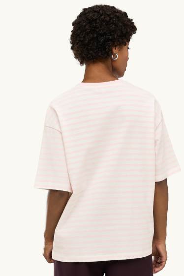 Damen - T-Shirt - Oversized - gestreift - weiß / rosa