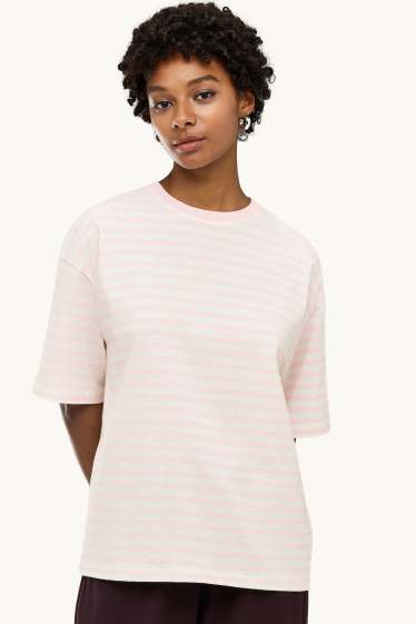Damen - T-Shirt - Oversized - gestreift - weiß / rosa