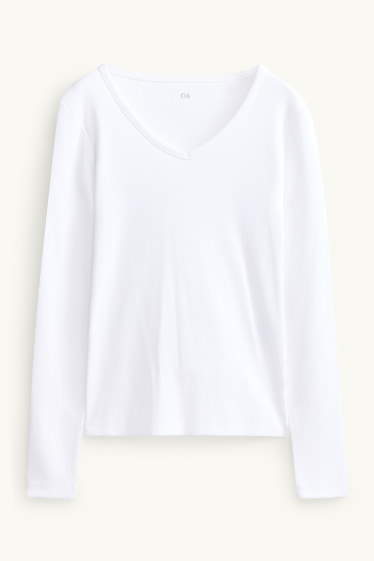 Femmes - Haut à manches longues avec encolure en V - slim fit - blanc