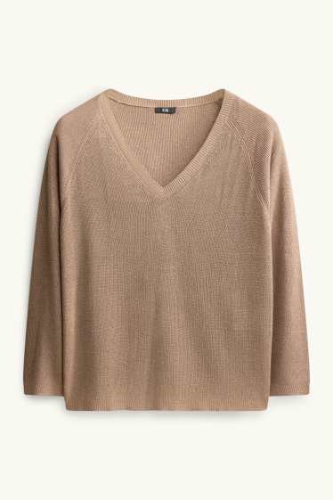 Damen - Pullover mit V-Ausschnitt - Glanz-Effekt - hellbraun