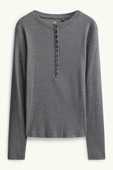 Women - Henley T-shirt - slim fit - ribbed - dark gray melange