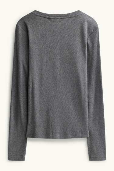 Women - Henley T-shirt - slim fit - ribbed - dark gray melange