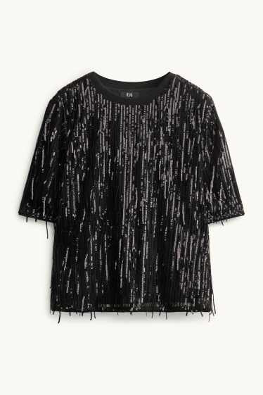 Damen - Chiffon-Pailletten-Bluse - schwarz / silber