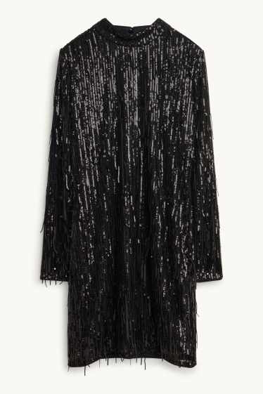 Dames - Jurk van chiffon met pailletten en franjes - straight fit - zwart