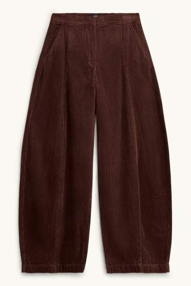 Women - Corduroy trousers - mid-rise waist - barrel leg - dark brown