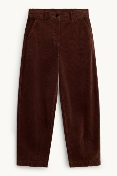 Femmes - Pantalon en velours côtelé - high waist - barrel leg - LYCRA ® - marron foncé