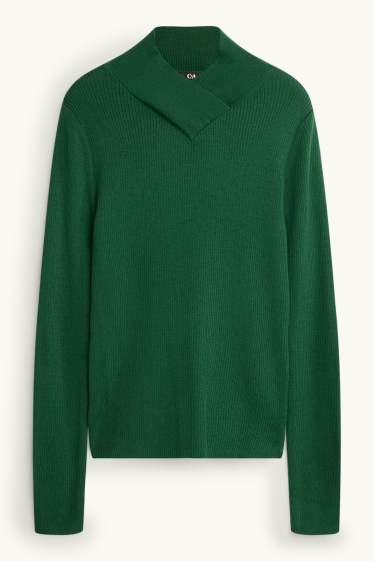 Damen - Pullover mit V-Ausschnitt - gerippt - Woll-Mix - dunkelgrün
